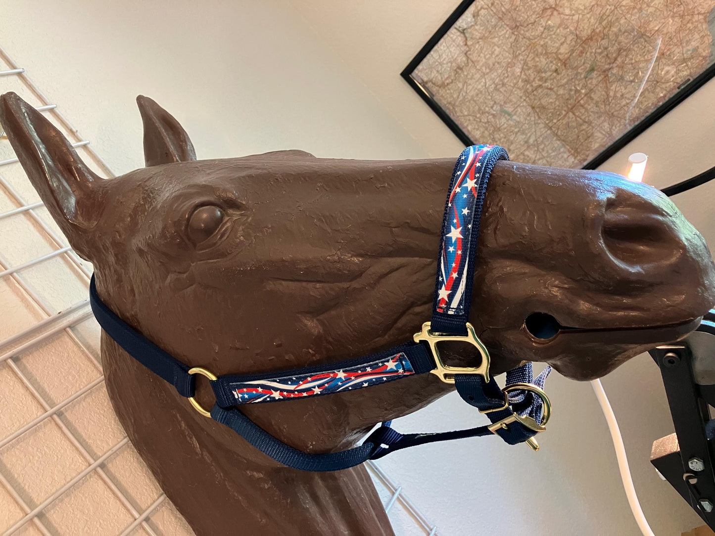 Patriotic Horse Halter, red white blue overlay, your choice of hardware color, dark blue nylon webbing