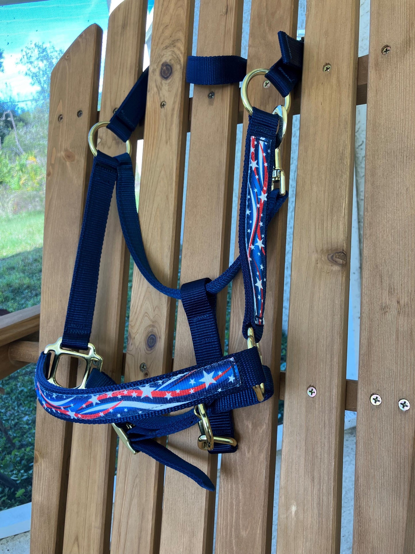 Patriotic Horse Halter, red white blue overlay, your choice of hardware color, dark blue nylon webbing