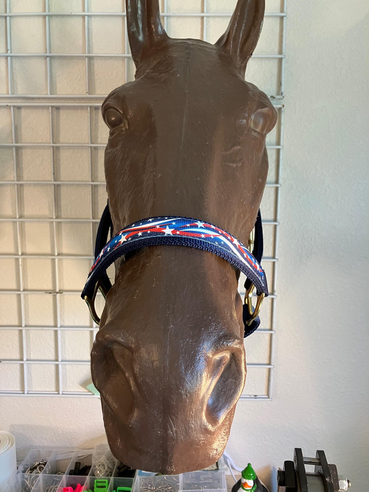 Patriotic Horse Halter, red white blue overlay, your choice of hardware color, dark blue nylon webbing
