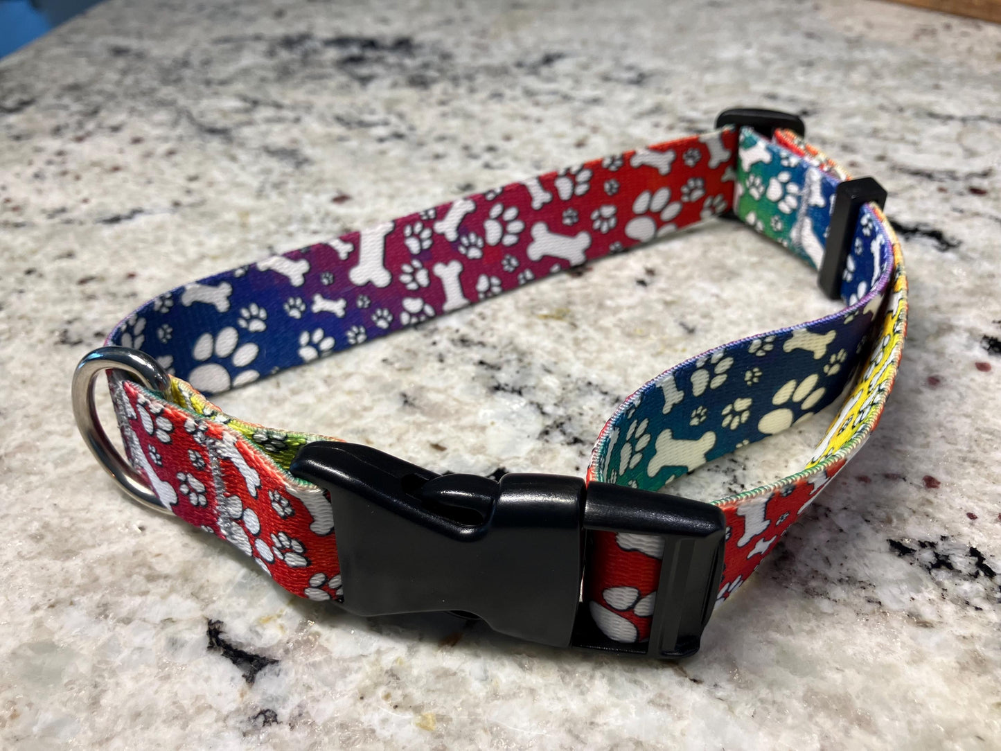 Vibrant, colorful rainbow paw print medium dog collar, bold dog collars, handmade