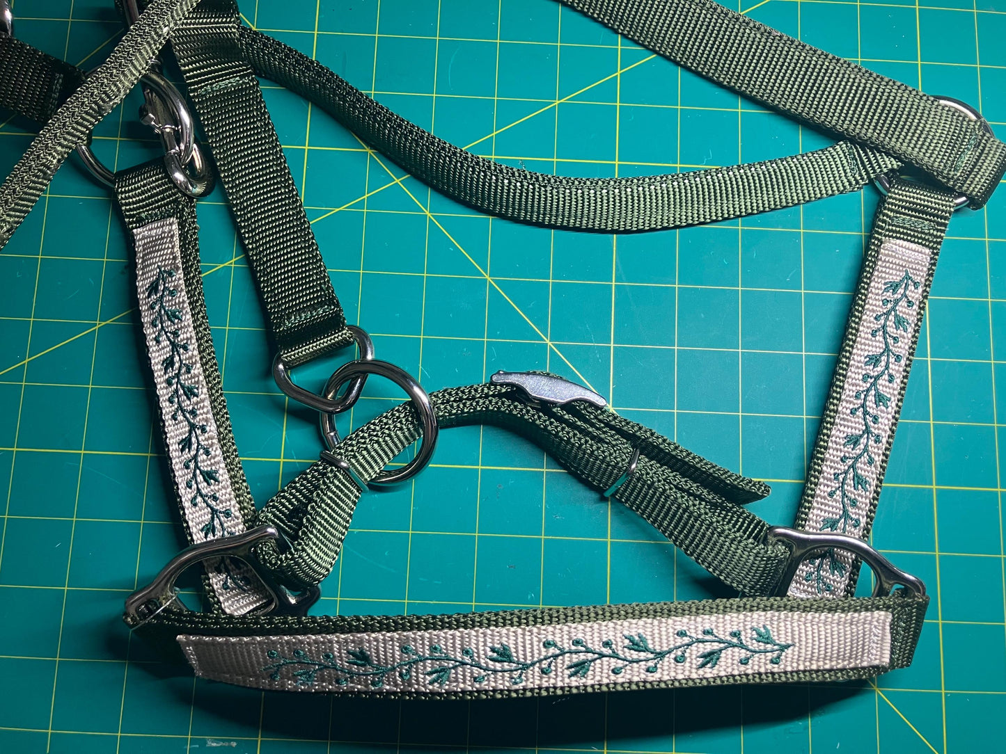 Handcrafted green and grey Horse Halter embroidered with green vines, Hand sewn triple stitched, heavy duty 1/4" thick Nylon, thick halter