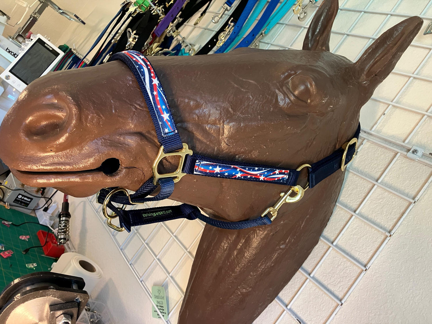 Patriotic Horse Halter, red white blue overlay, your choice of hardware color, dark blue nylon webbing