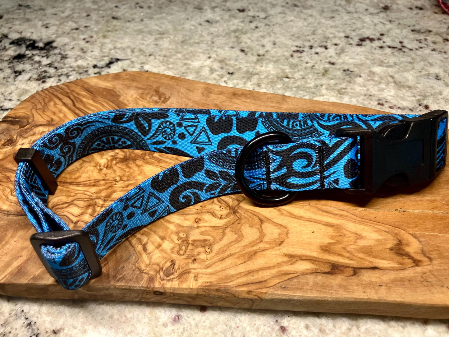 Blue and Black Polynesian Waves Patterned 1" dog collar, medium and large sizes with black "D" Ring, Hand sewn in USA