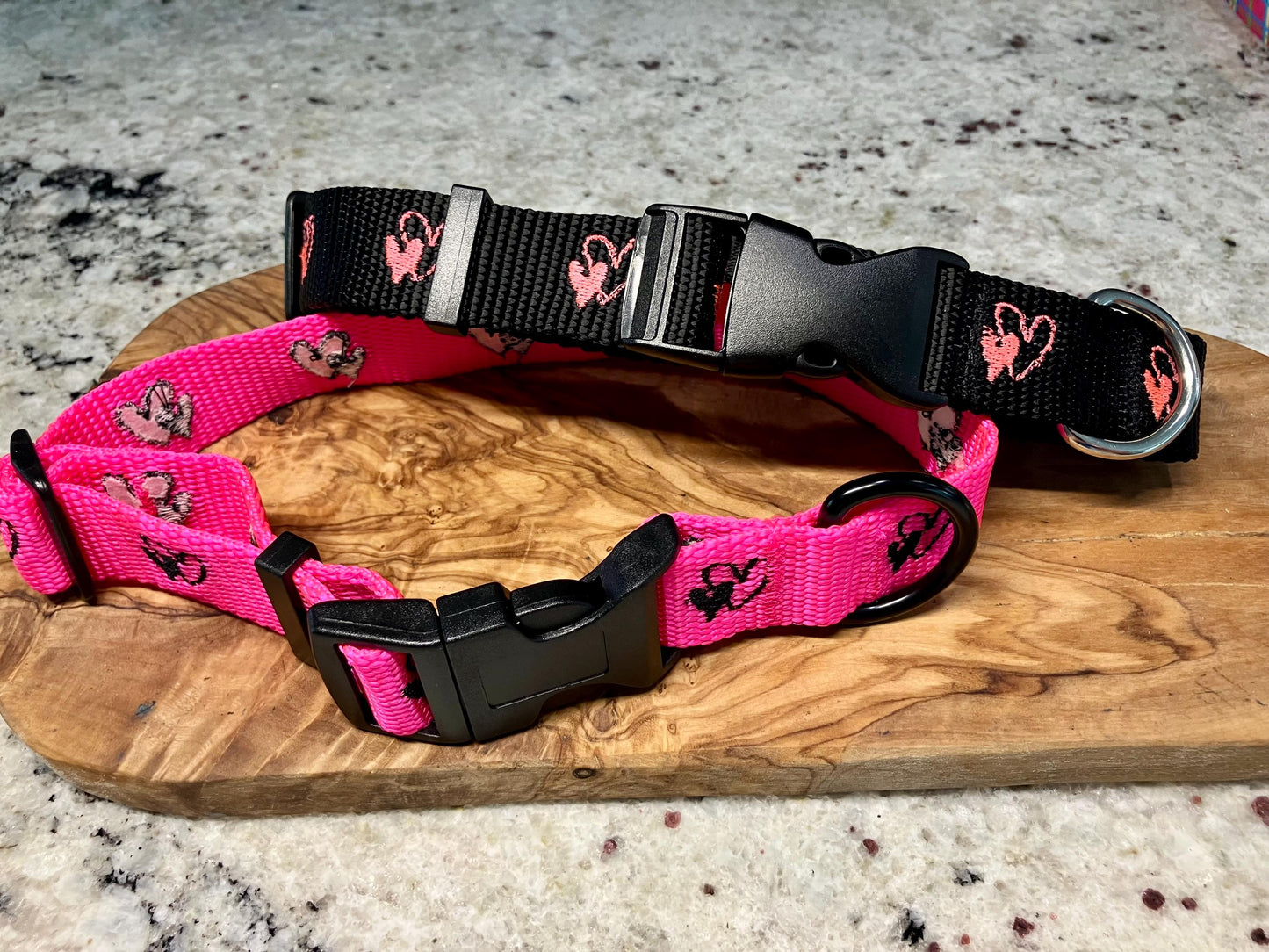 Embroidered heart dog collar 1" width, pink OR black with opposite color hearts