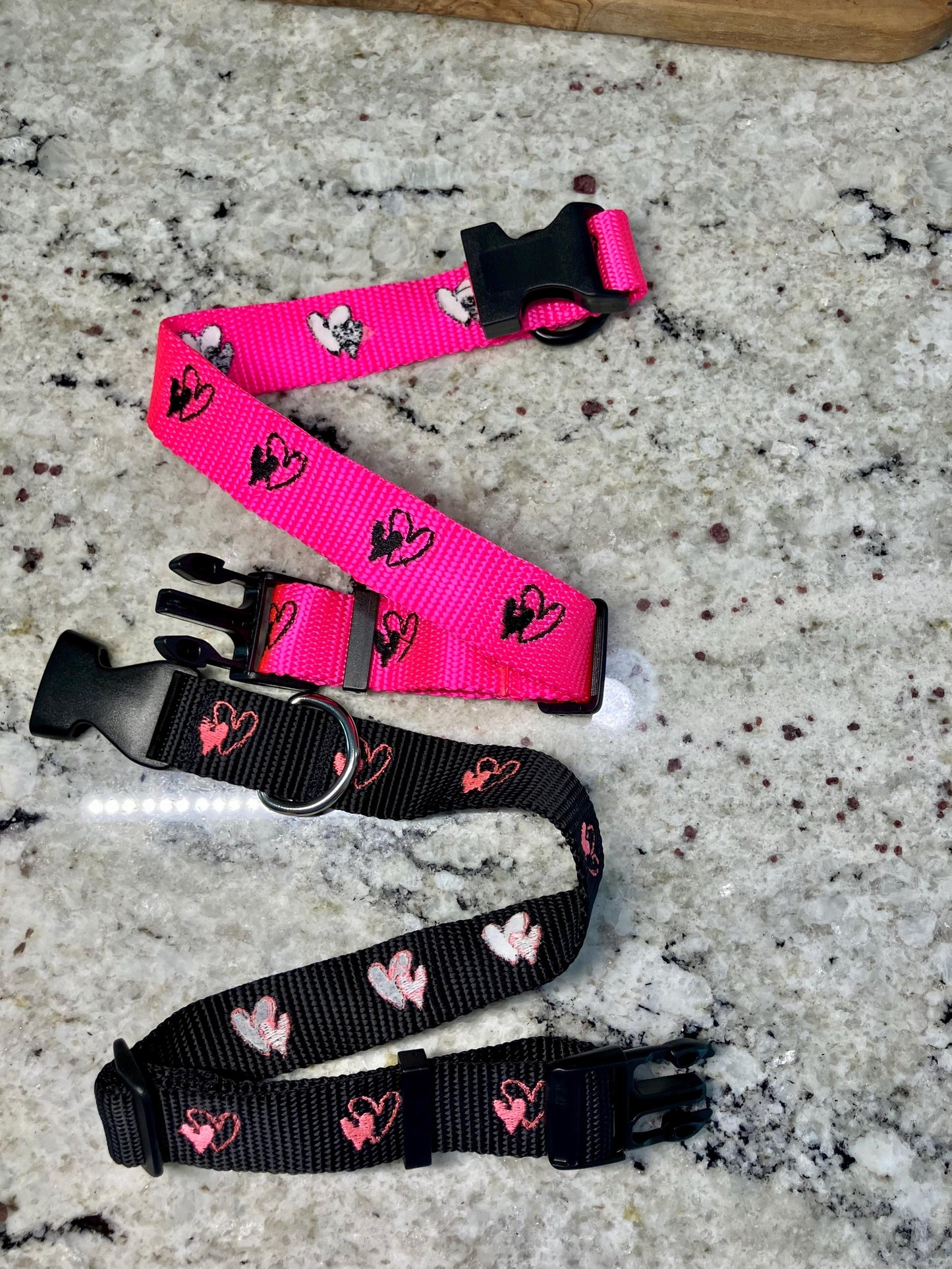 Embroidered heart dog collar 1" width, pink OR black with opposite color hearts
