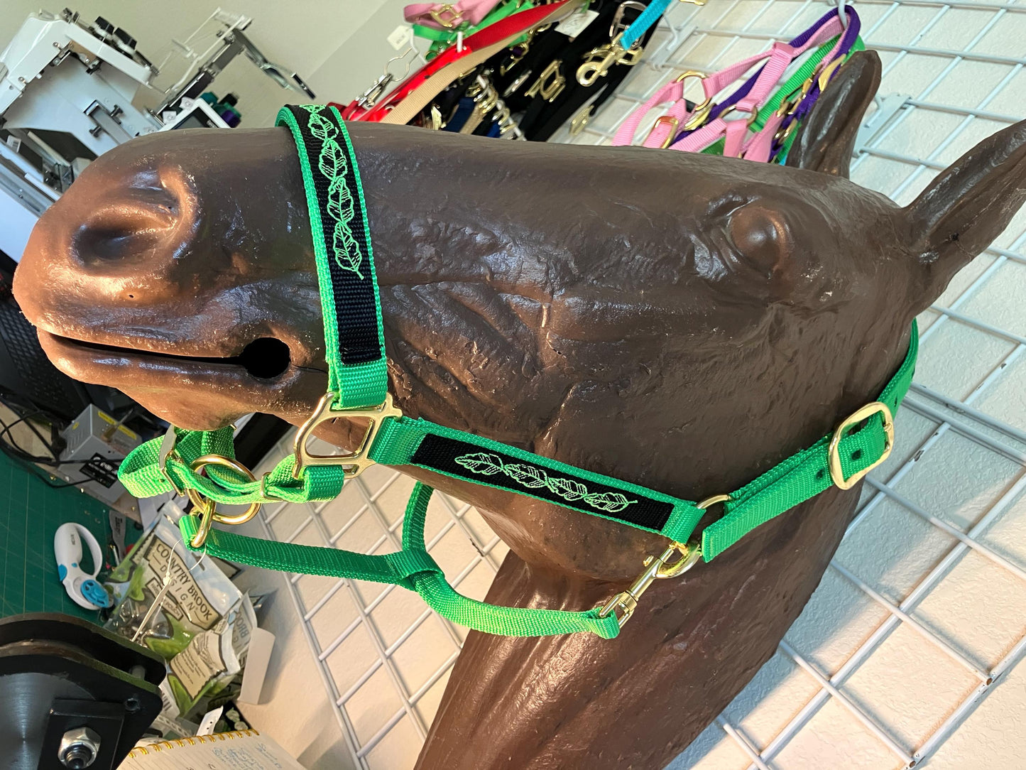 Custom embroidered horse halter leaf pattern, lime green with black overlay with green leaves, gold hardware