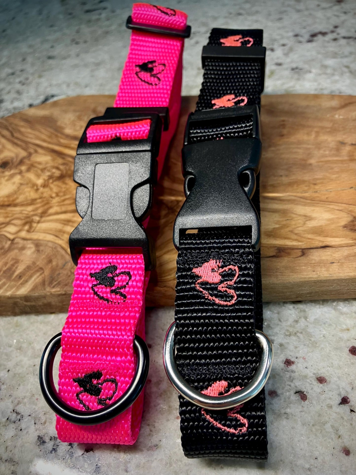 Embroidered heart dog collar 1" width, pink OR black with opposite color hearts