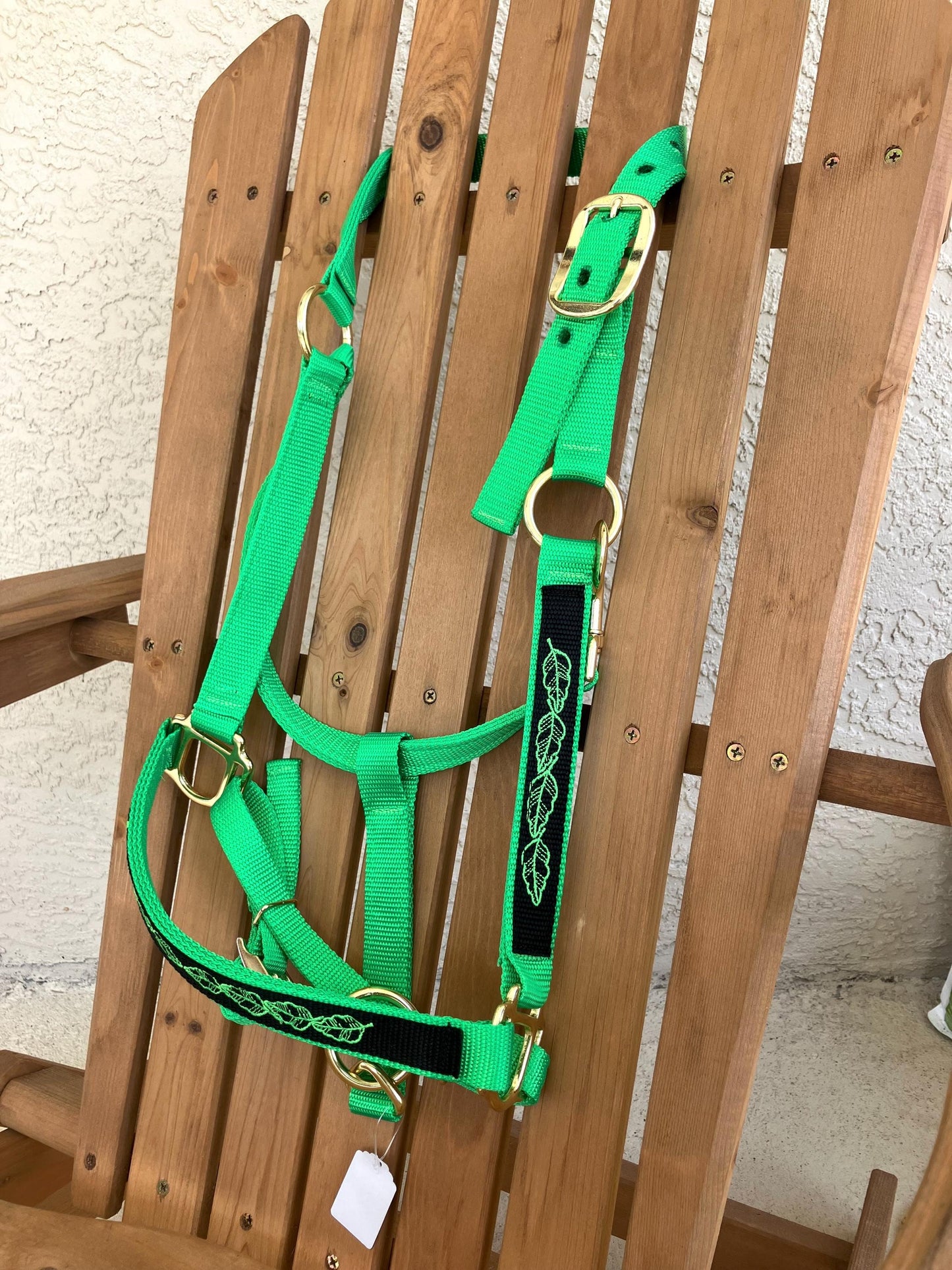 Custom embroidered horse halter leaf pattern, lime green with black overlay with green leaves, gold hardware