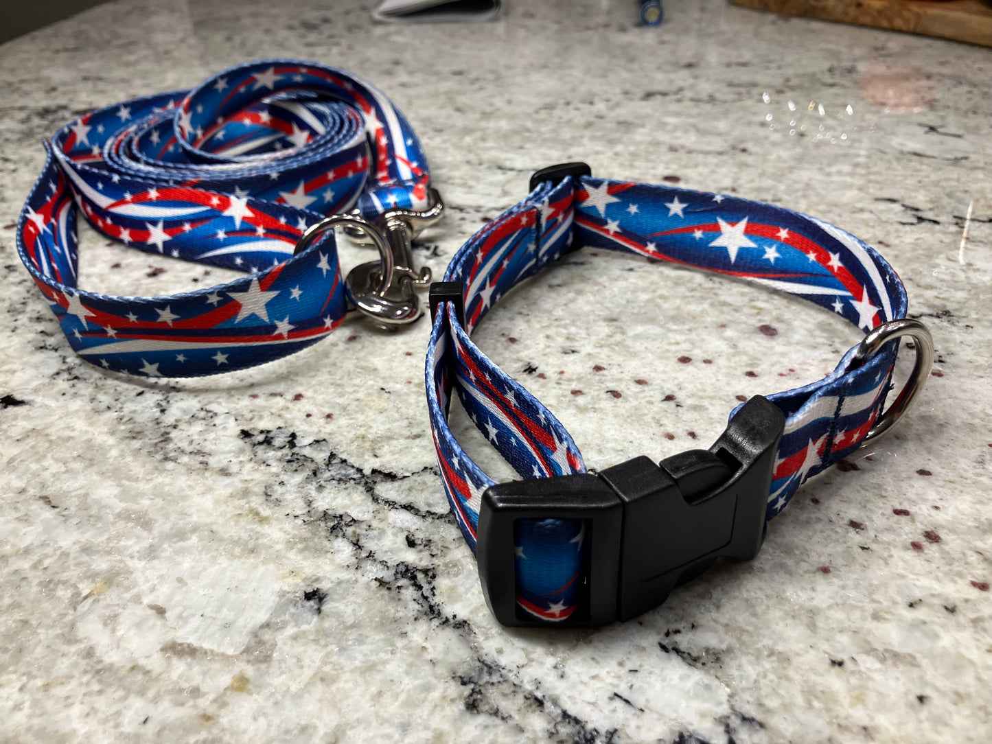 Patriotic Americana Red White Blue Dog Collar Leash Set