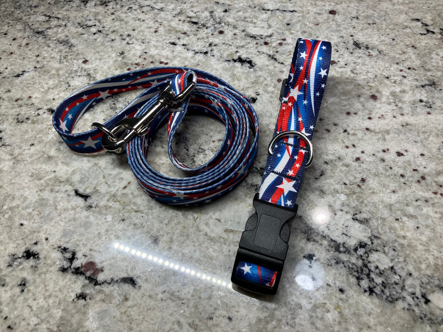 Patriotic Americana Red White Blue Dog Collar Leash Set