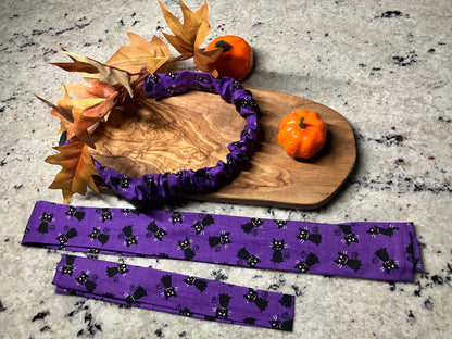 Cute Pet Collar Covers - Halloween and Fall Collar Accessories - Purple with Black cats Collar sleeve- scrunchie