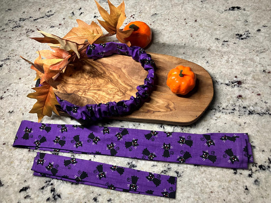 Cute Pet Collar Covers - Halloween and Fall Collar Accessories - Purple with Black cats Collar sleeve- scrunchie
