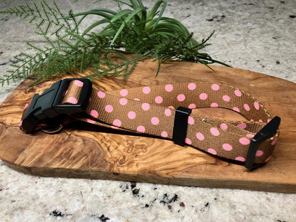 Handcrafted polyester Brown with Pink Polka Dots dog collar- Made in USA 14"- 20" neck