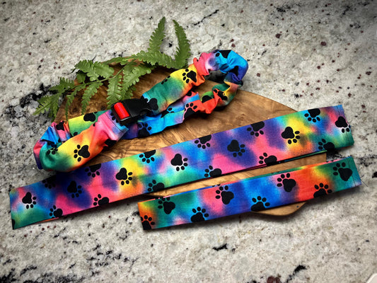 tie dye inspired bright rainbow paw print dog collar covers - dog scrunchie - Made in USA - handmade - trippy hippy