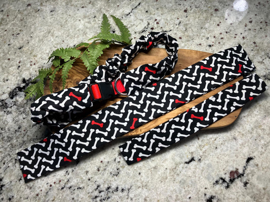 Black White red cute dog collar cover scrunchie - Dog Bone pattern - Dog collar accessories - handmade in USA