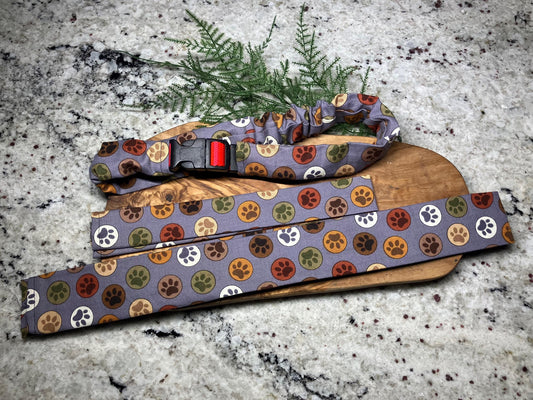 Earthy grey paw print collar covers, cute dog scrunchie, handmade collar sleeve, tan, green, white, brown dog paw print