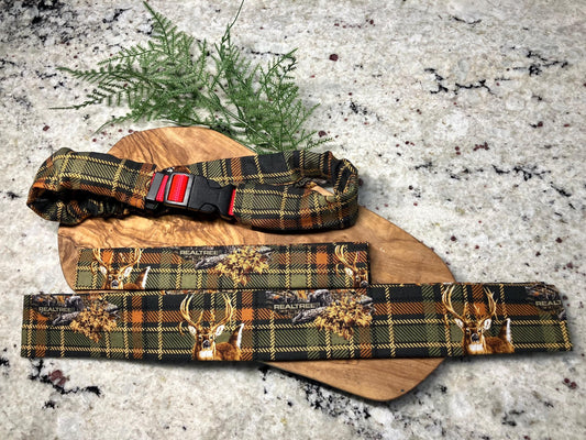 real tree plaid deer dog collar cover, hunting inspired dog scrunchie, plaid with bucks collar sleeves