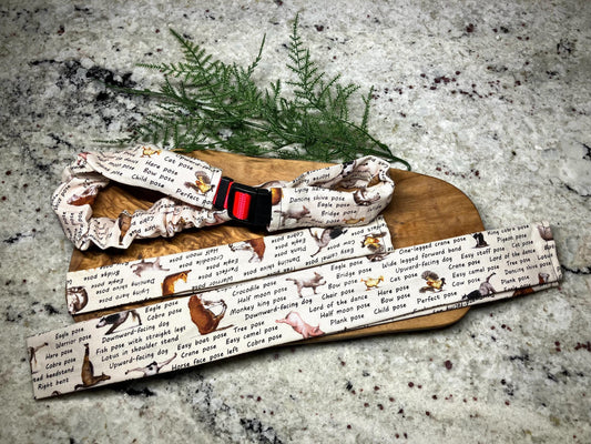 Barnyard yoga themed dog collar cover, yoga pose dog collar scrunchie, handmade collar sleeve
