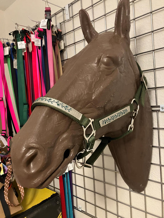 Handcrafted green and grey Horse Halter embroidered with green vines, Hand sewn triple stitched, heavy duty 1/4" thick Nylon, thick halter